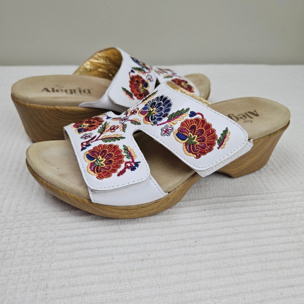 Alegria Linn Needles and Pins Heeled Sandals Sz 8 39 White Embroidered Floral